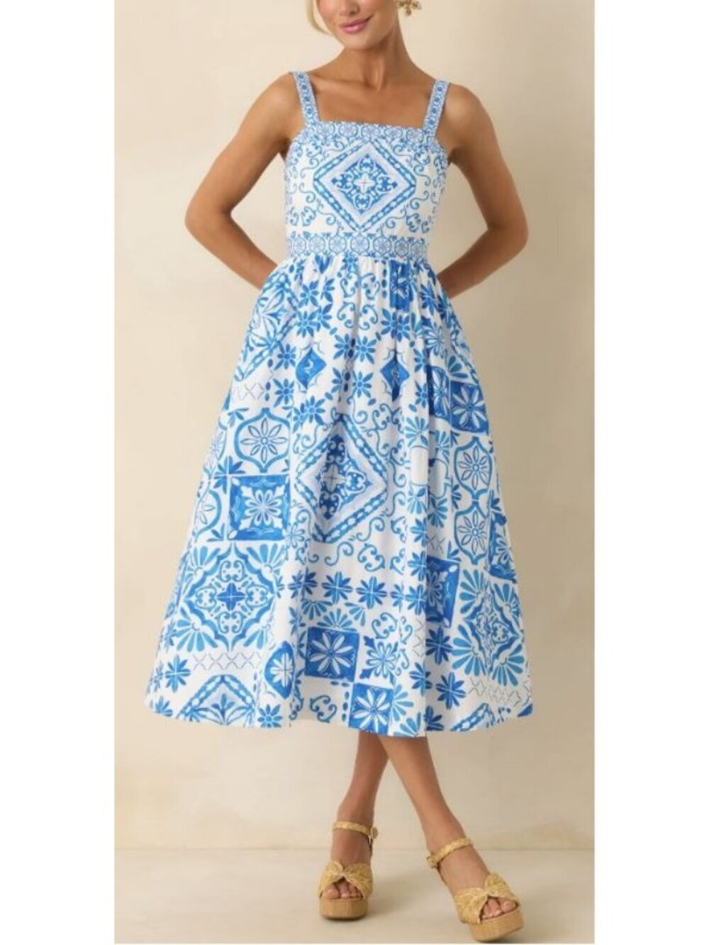 Prosperina Lydia Blue Tile Cotton Midi Dress Size Small New
